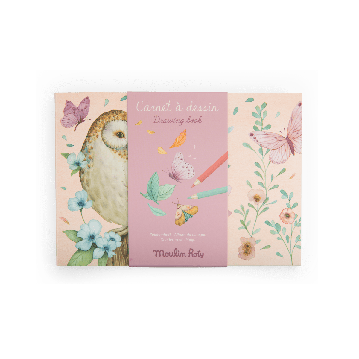 Moulin Roty Les Rosalies drawing book with illustrated pink paper sleeve