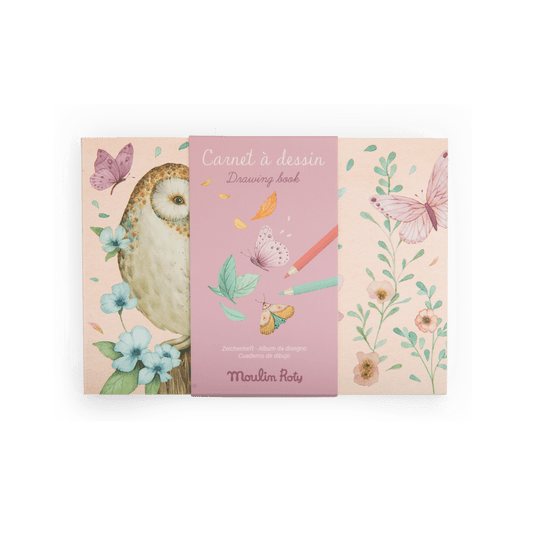 Moulin Roty Les Rosalies drawing book with illustrated pink paper sleeve