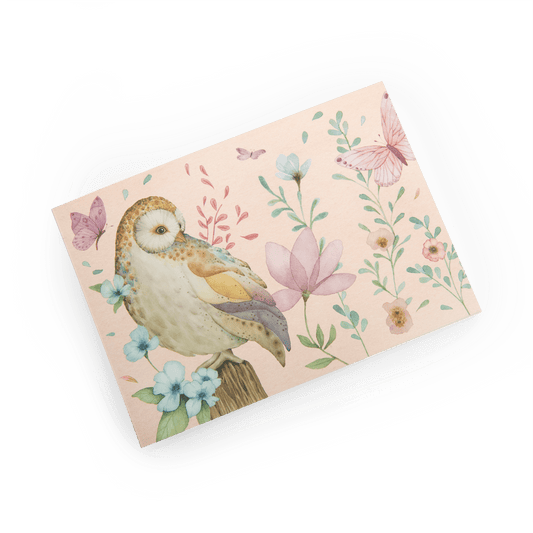 Les Rosalies art pad cover featuring barn owl, blue flowers, and butterflies