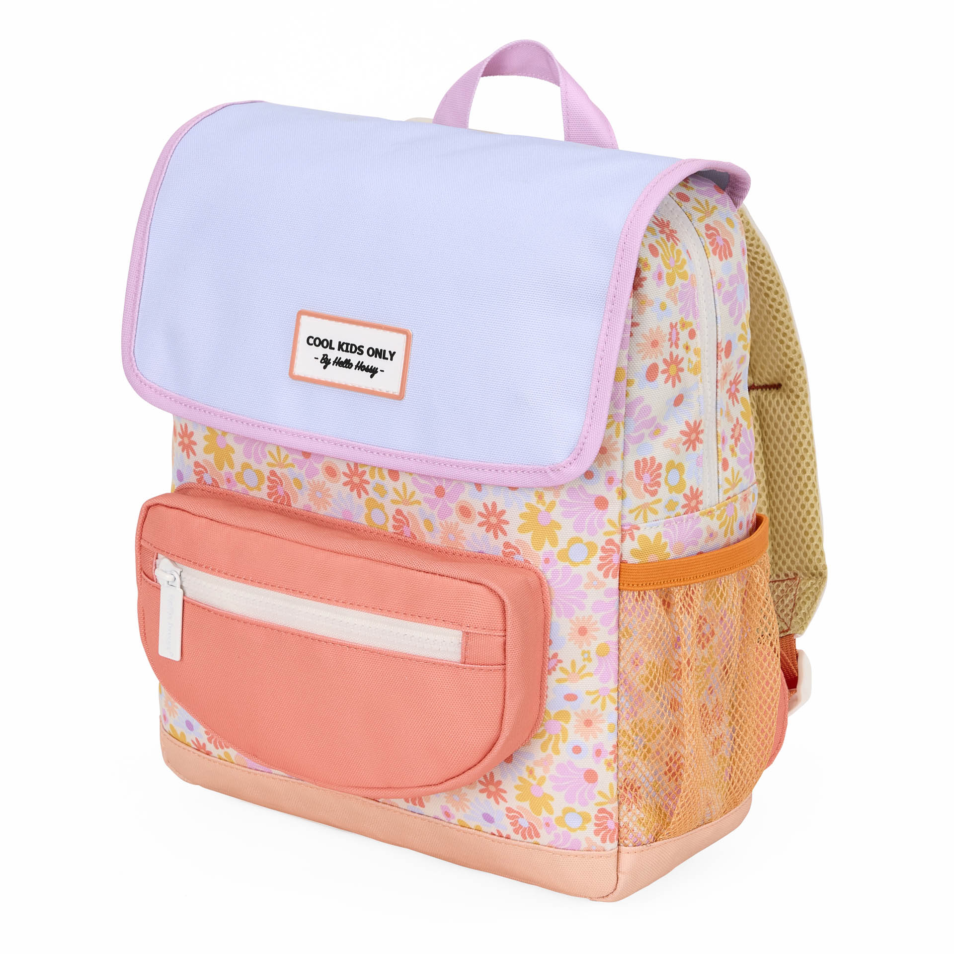 Retro floral Hello Hossy kids backpack front view with purple flap
