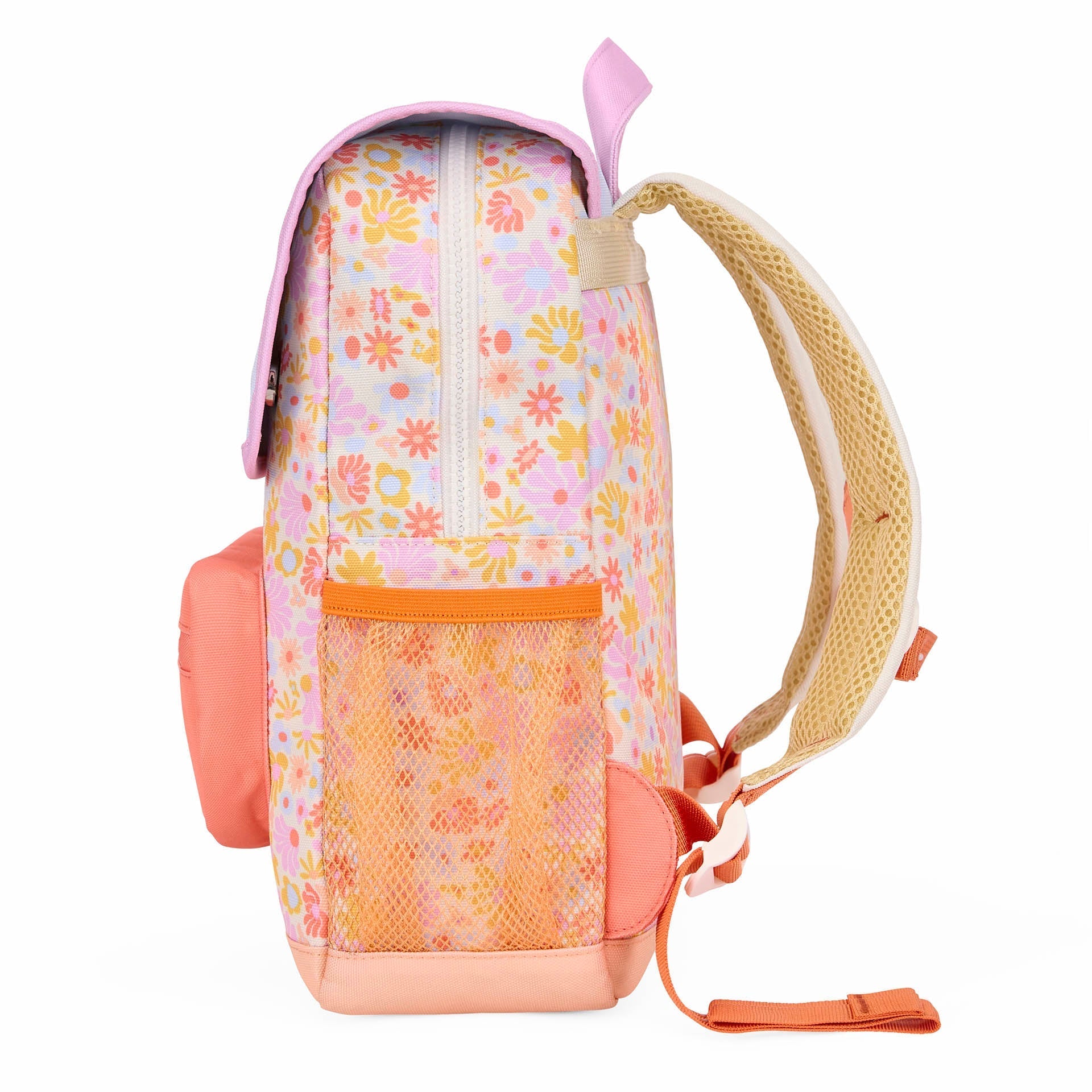 Side profile of Hello Hossy floral backpack showing mesh pockets