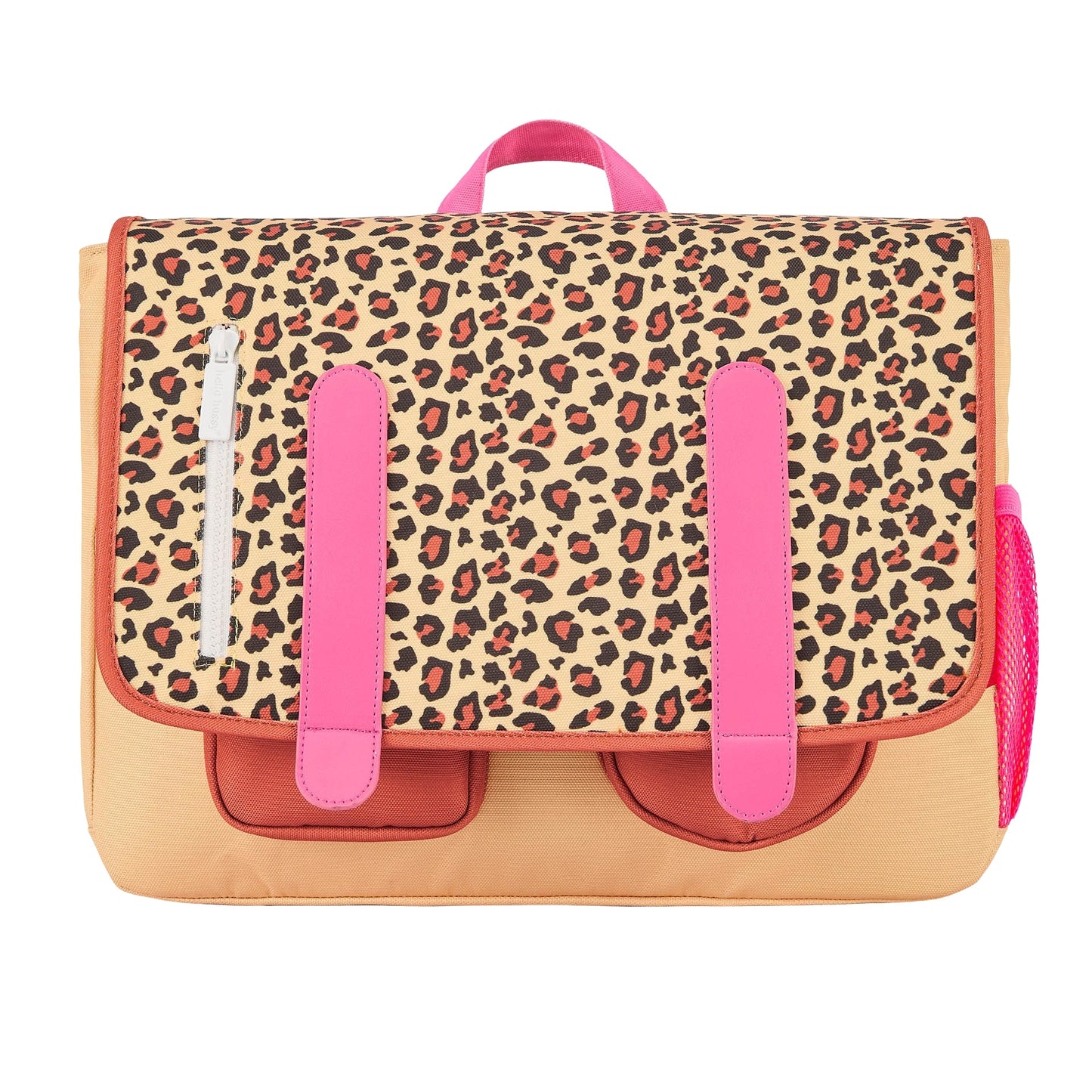Beige leopard print kids school bag with pink straps and brown pockets
