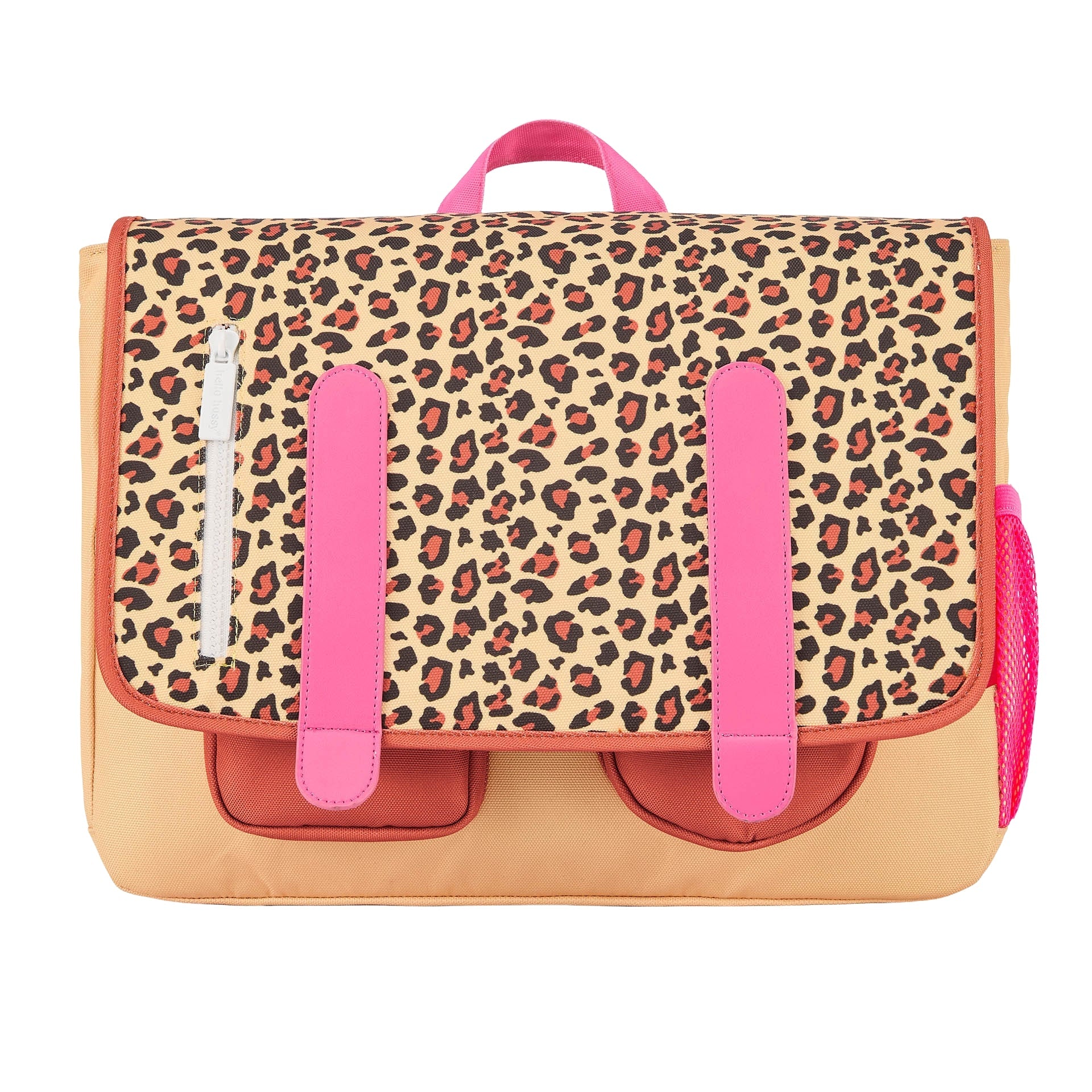 Beige leopard print kids school bag with pink straps and brown pockets