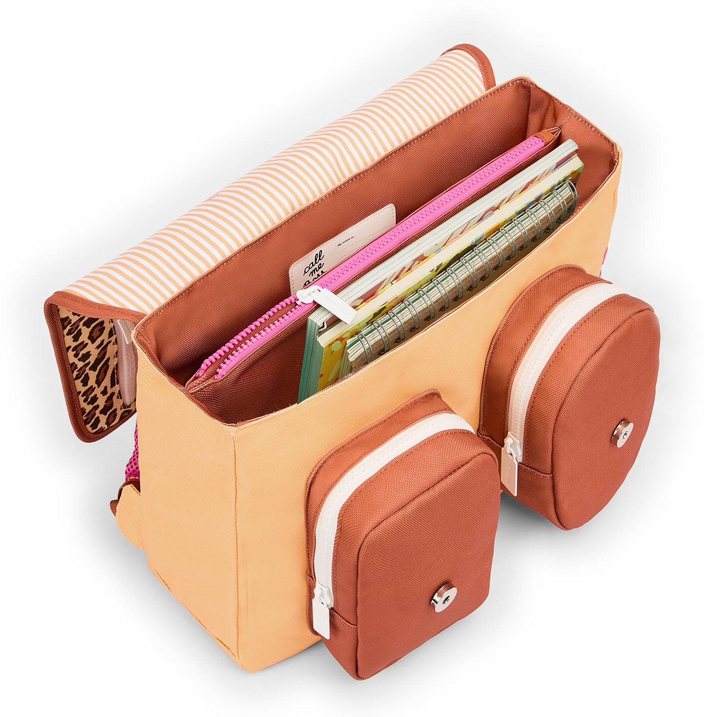 Open tan and rust children's leopard print school bag with striped interior and external pockets