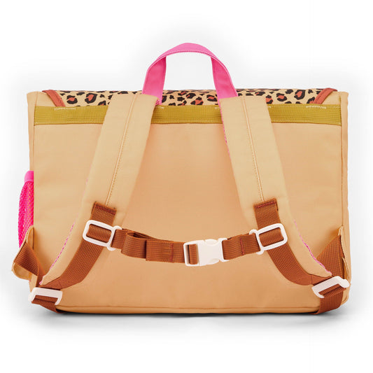 Back view of beige leopard print school bag with padded shoulder straps