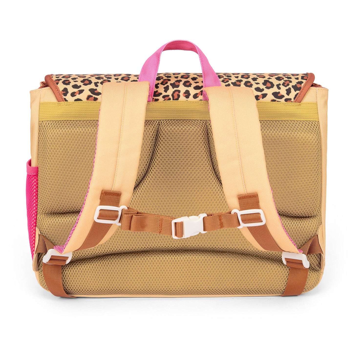 Tan mesh back panel on beige leopard print school bag for ventilation