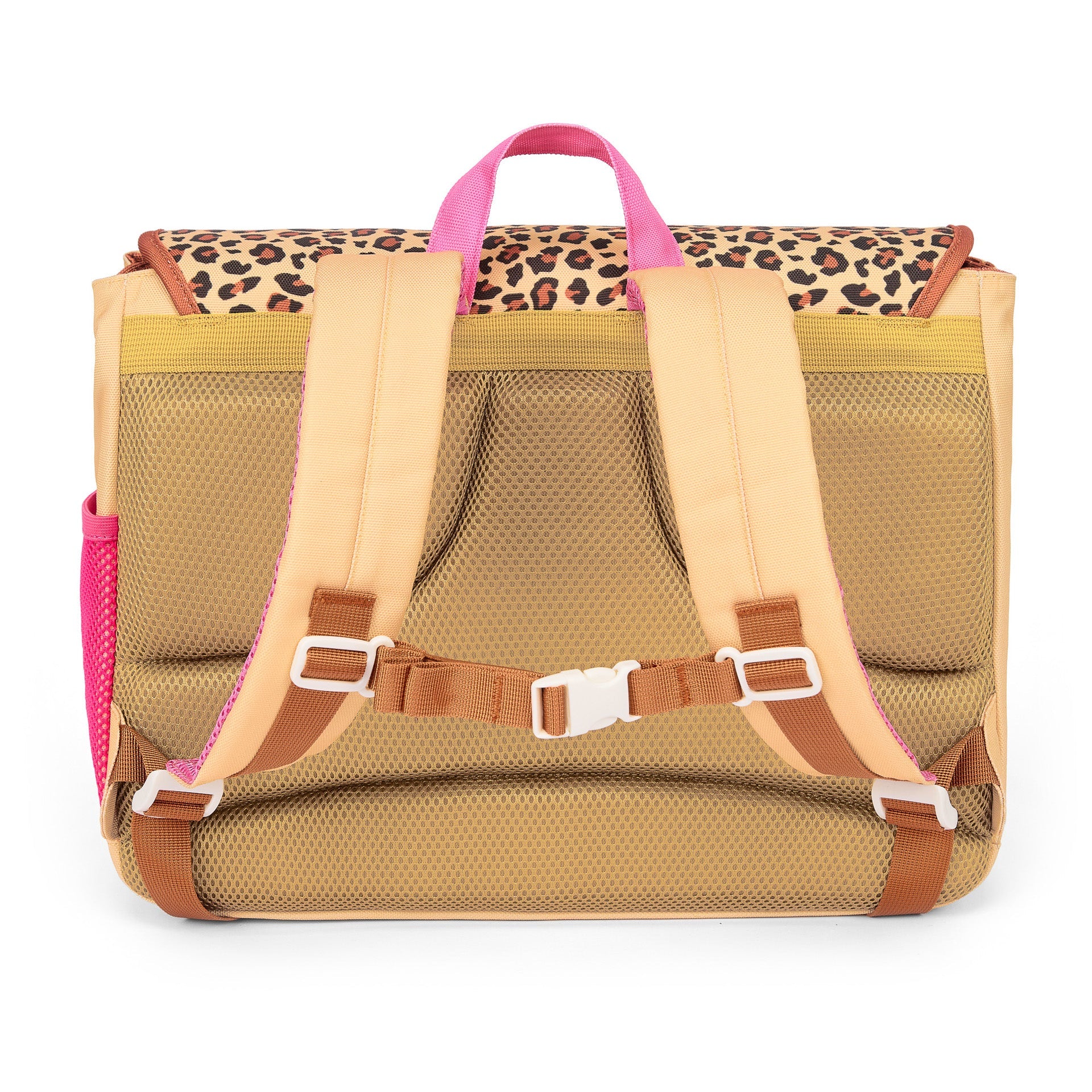 Tan mesh back panel on beige leopard print school bag for ventilation