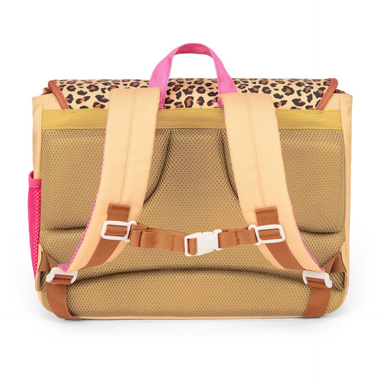 Tan mesh back panel on beige leopard print school bag for ventilation