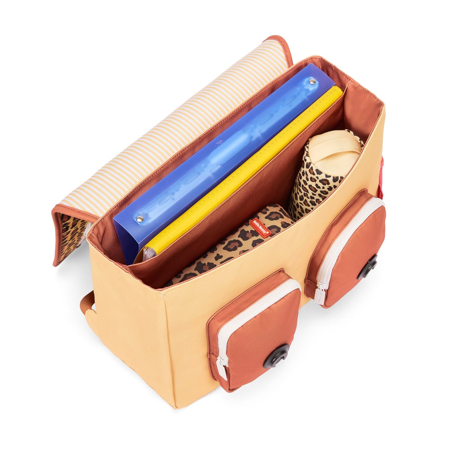 Leopard print school bag interior with binder, ruler, and pencil case