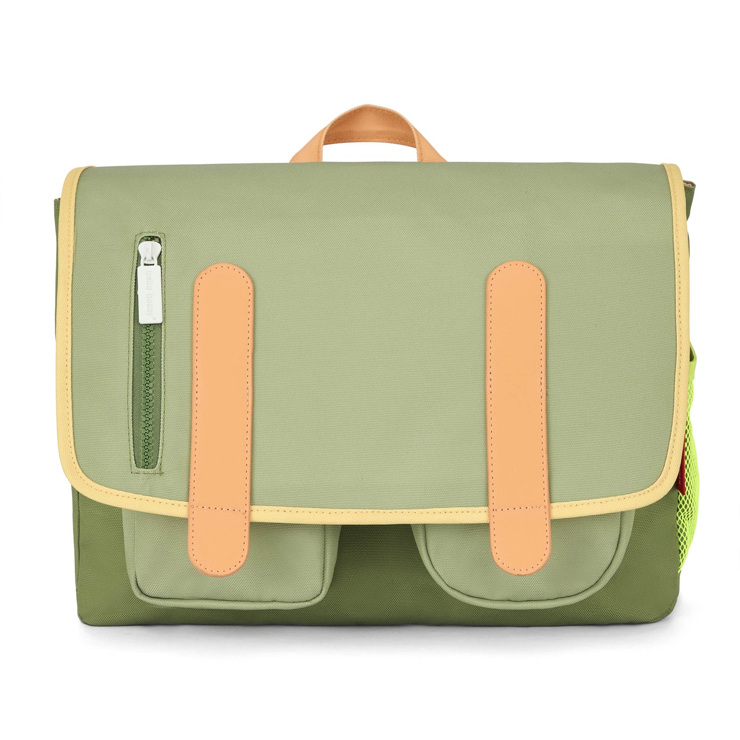 Front view olive green Mini Safari backpack with tan trim and lime mesh pocket