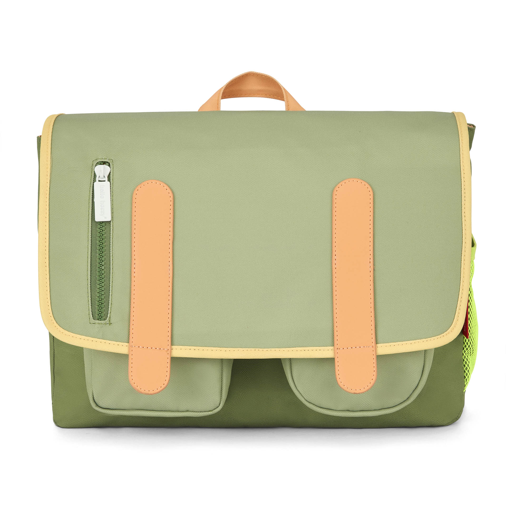 Front view olive green Mini Safari backpack with tan trim and lime mesh pocket