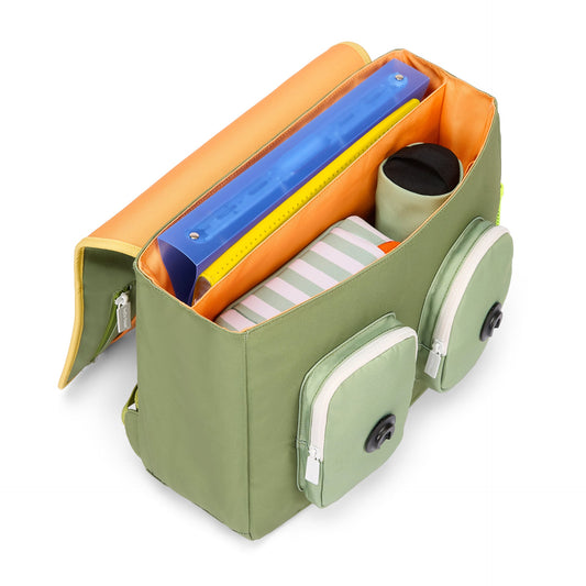 Open olive green Mini Safari school bag with orange interior and A4 capacity
