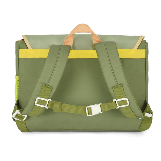 Back view of olive green Mini Safari school bag with yellow accent band