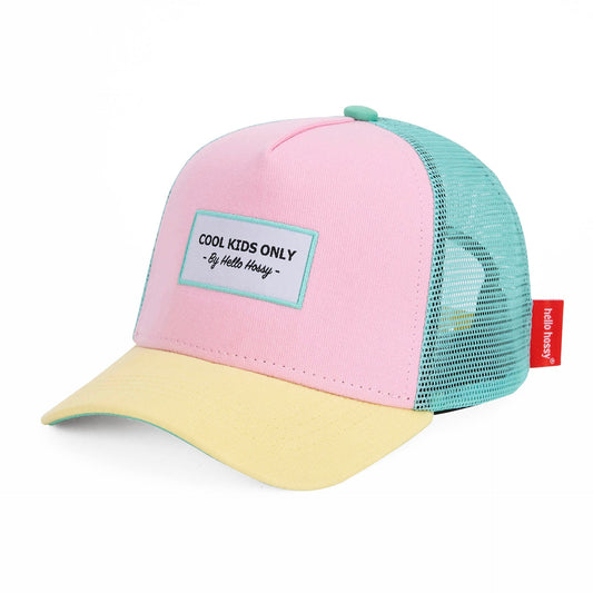 Pink and mint green Hello Hossy trucker cap studio shot with patch