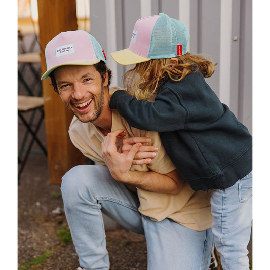 Matching parent child pink and mint green Hello Hossy trucker caps