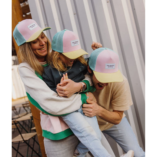 Family matching pink and mint green Hello Hossy trucker caps set