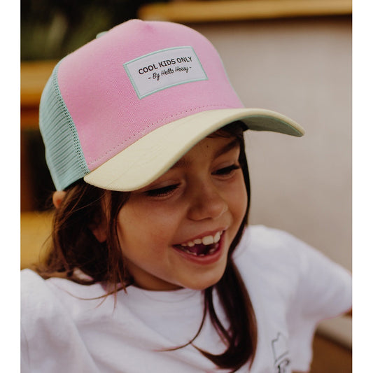 Hello Hossy pink front mesh trucker cap with Cool Kids Only patch