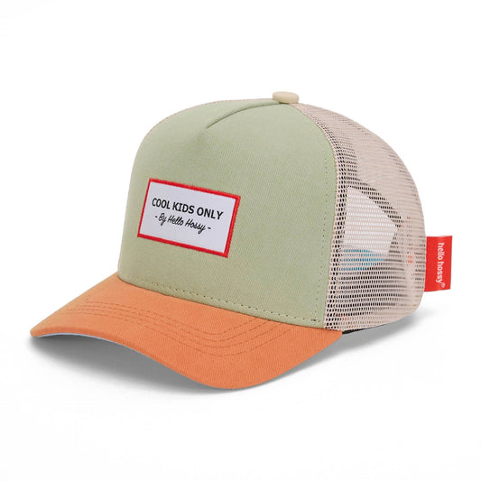 Green front orange brim Hello Hossy kids trucker cap with COOL KIDS patch