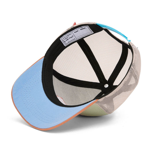 Back view of adjustable strap interior tag on Hello Hossy kids trucker cap