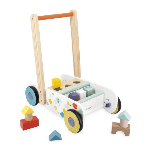 Janod wooden walker with included geometric shape blocks set