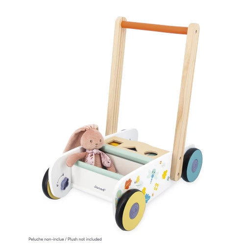 Janod wooden walker storage compartment holding plush toy