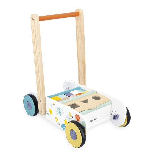 Janod wooden baby walker with forest illustrations and shape-sorting tray