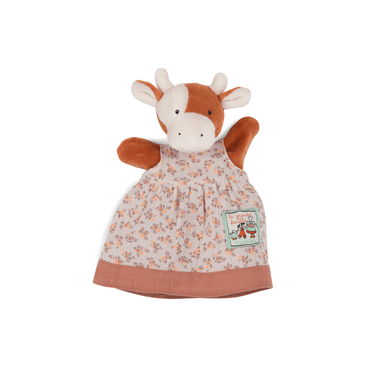 Brown and white cow hand puppet with floral dress by Moulin Roty