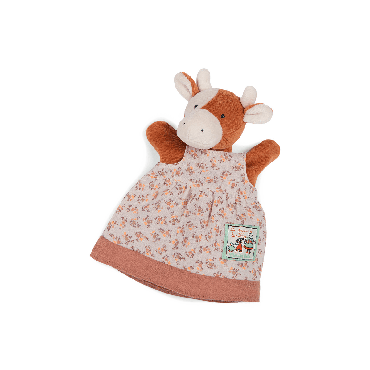 Charlotte la vache plush puppet with corduroy arms and floral dress