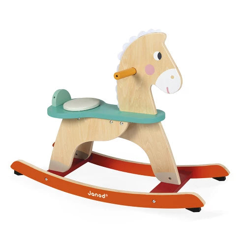 Front view of Janod wooden rocking horse with teal accents
