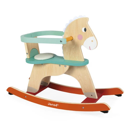 Janod rocking horse with added teal safety bar handle