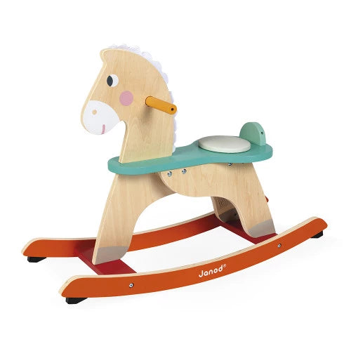 Janod wooden rocking horse with teal seat and orange rockers