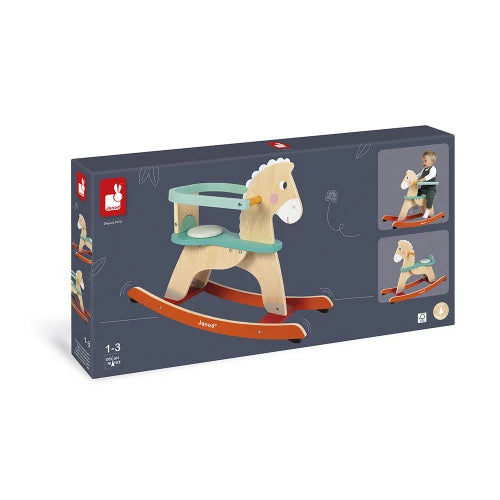 Janod wooden rocking horse product box packaging