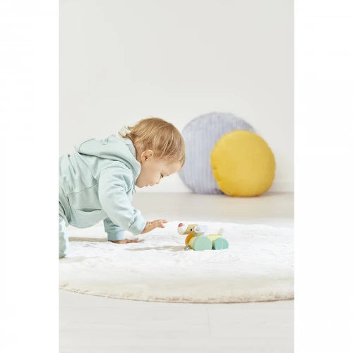 Toddler crawling toward Janod wooden pull-along dog toy on rug