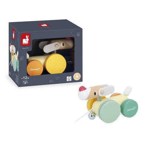 Janod wooden pull-along dog toy with spring head and bell beside packaging