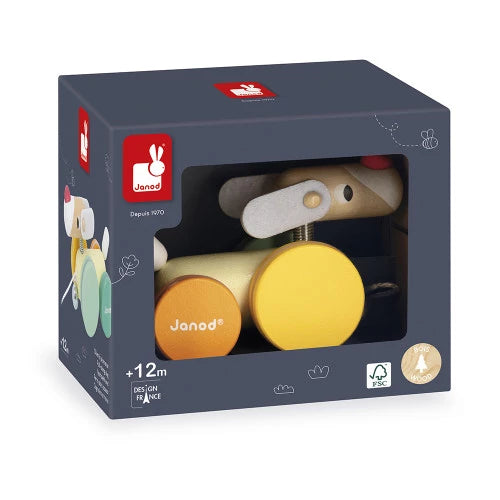 Janod wooden pull-along dog toy in gray box with window and FSC label