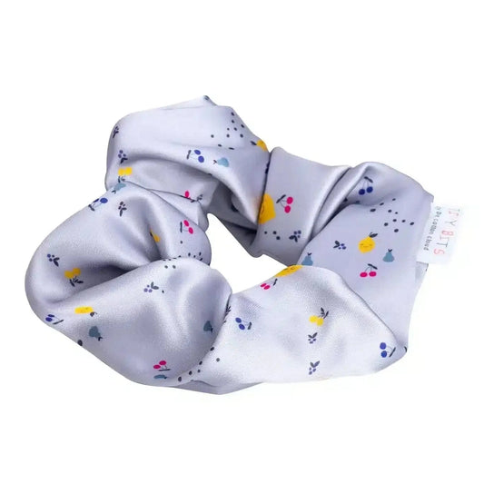 Gray fruit pattern satin scrunchie with cherries and lemons