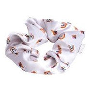 White satin scrunchie with orange rainbow and heart pattern for kids