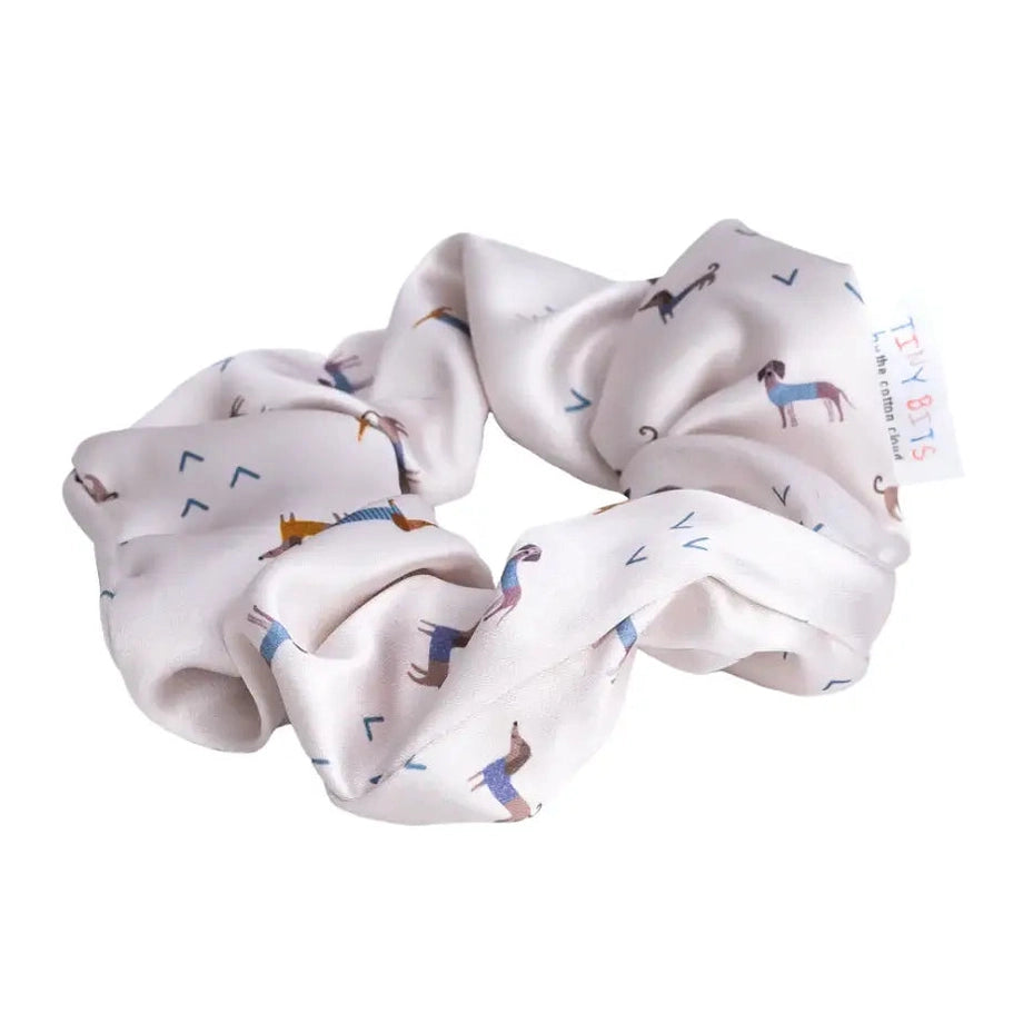 White dachshund print satin hair tie with blue chevron details