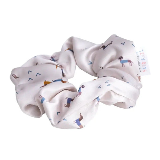 White dachshund print satin hair tie with blue chevron details