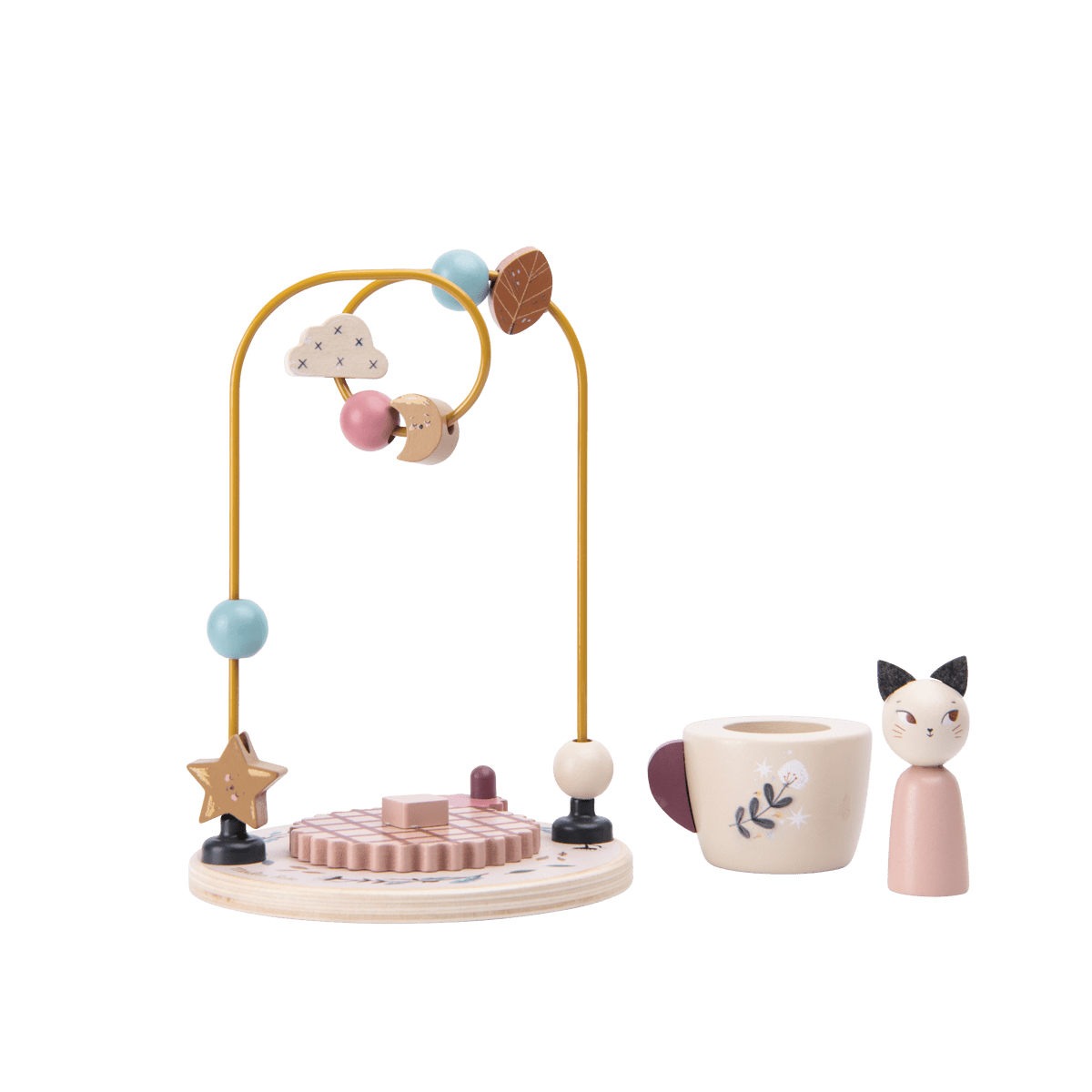 Disassembled parts of Moulin Roty wooden bead maze toy