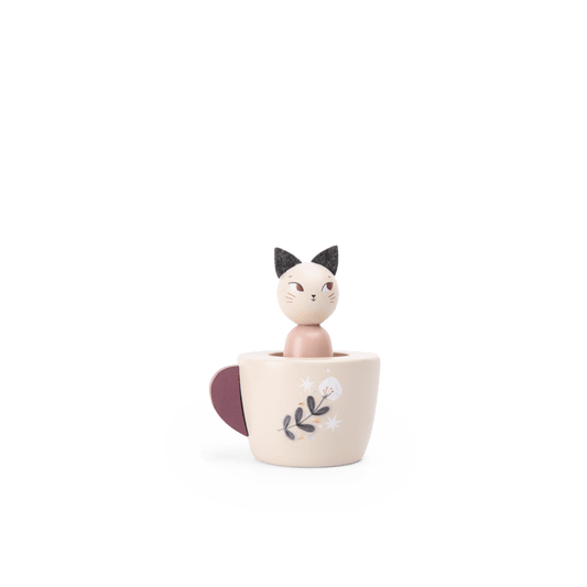 Wooden cat figure in cream cup detail from Moulin Roty bead maze