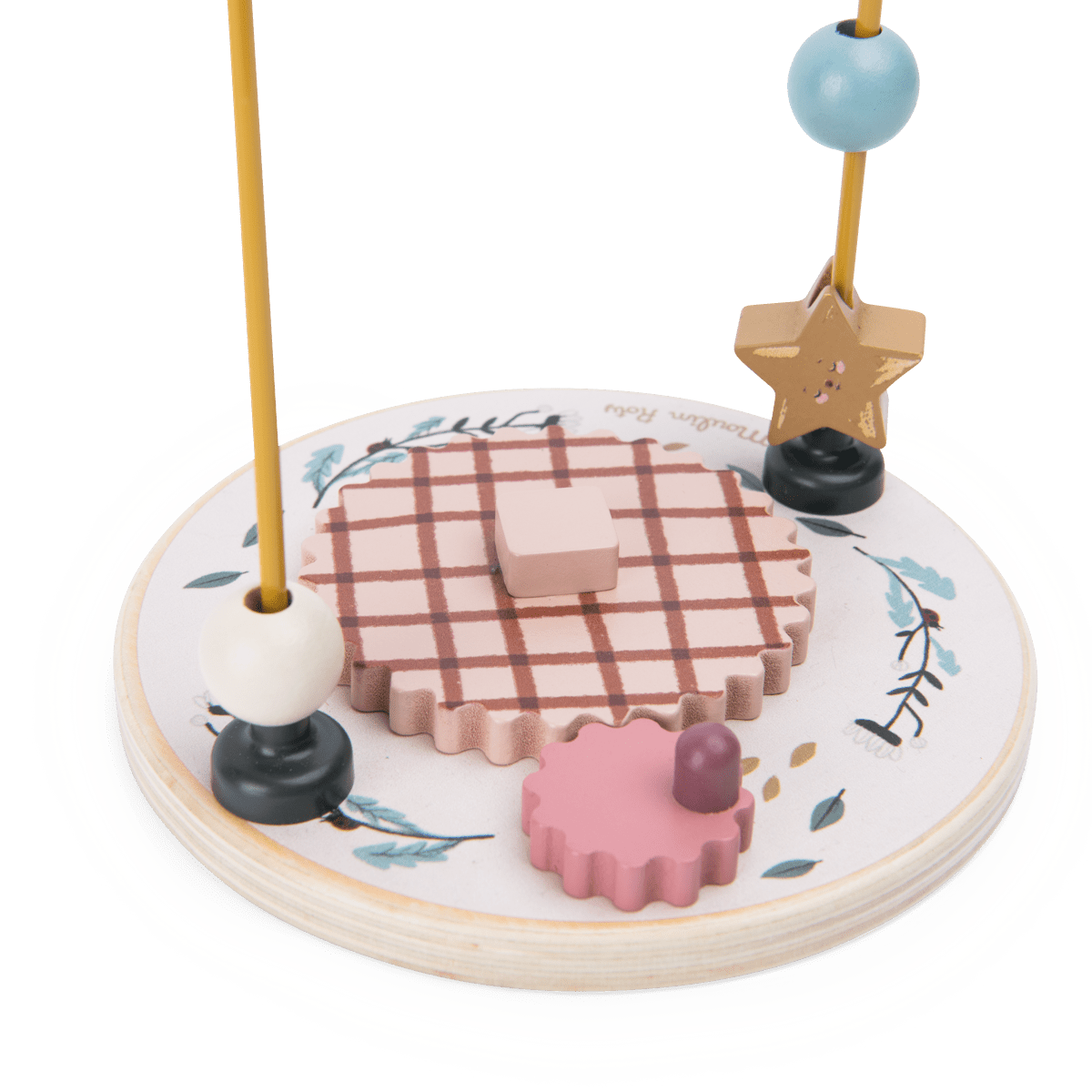 Moulin Roty wooden bead maze base with pink gear and floral print