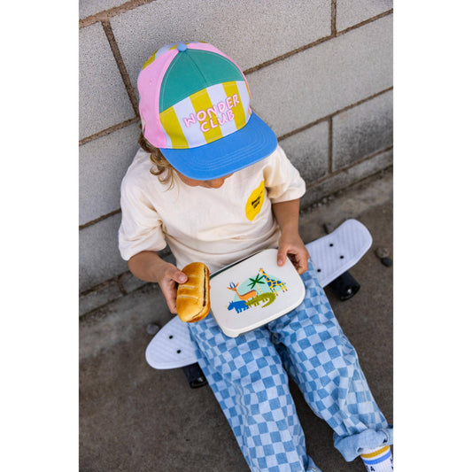 Top view child holding closed animal print lunchbox