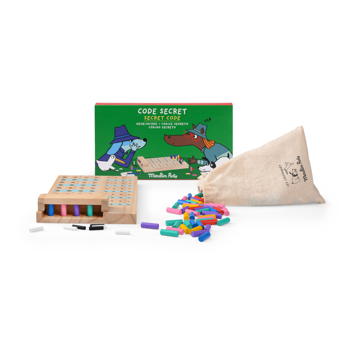 Wooden logic game set with green box, board, and cotton storage bag