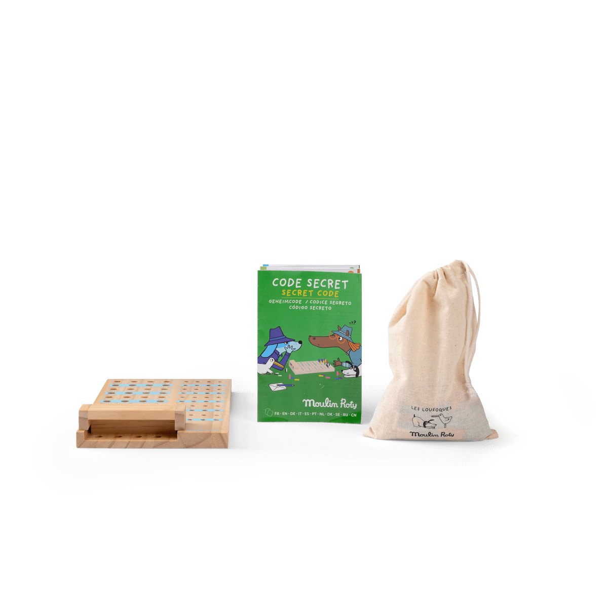 Moulin Roty Code Secret game box, wooden board, and branded drawstring bag