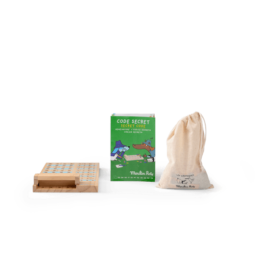 Moulin Roty Code Secret game box, wooden board, and branded drawstring bag