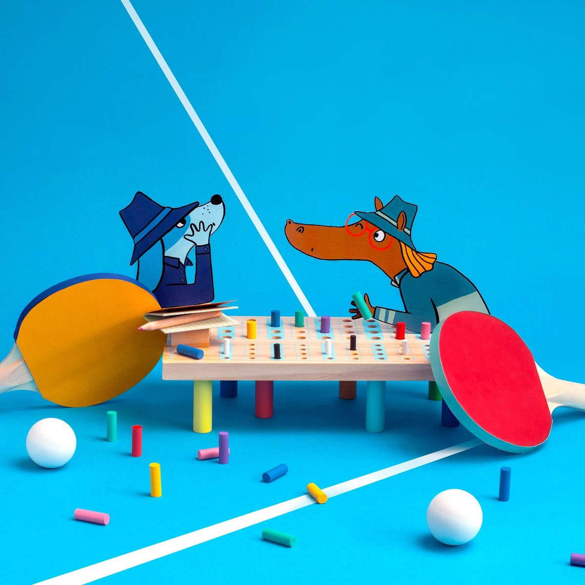 Wooden logic board game on colorful legs with illustrated animal characters