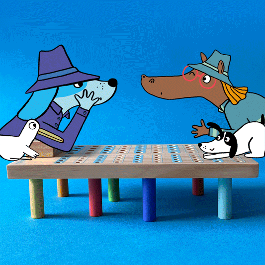 Close-up of wooden game board with multi-colored support legs and pegs
