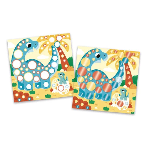 Dinosaur activity card filled with colorful round metallic stickers for toddlers