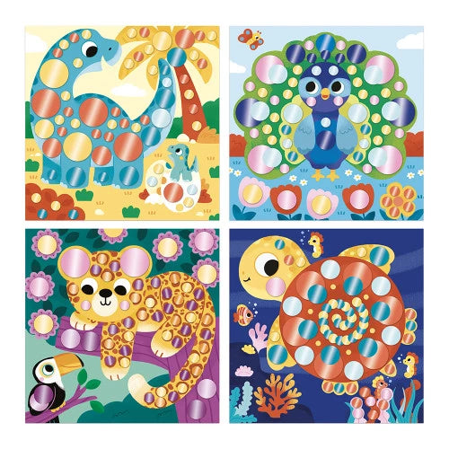 Four animal art cards featuring round metallic stickers on dinosaur owl leopard and turtle
